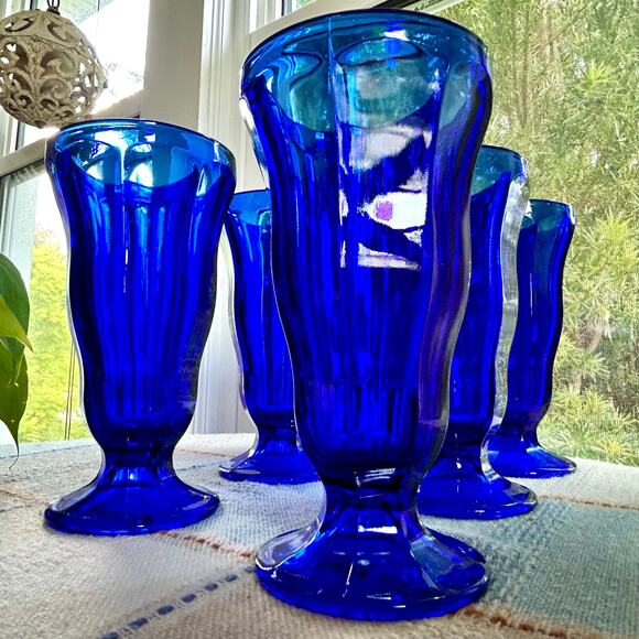 Set of 6 Anchor Hocking Cobalt Blue Fountainware Tall Parfait / Float Glasses - Picture 3 of 12